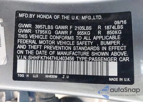 2017 Honda Civic Sport z USA, uszkodzony, nr VIN SHHFK7H47HU403456